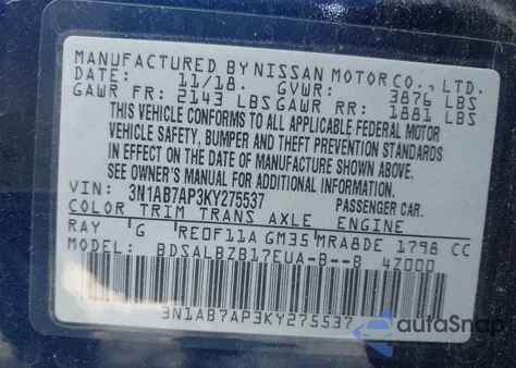 2019 Nissan Sentra S z USA, uszkodzony, nr VIN 3N1AB7AP3KY275537